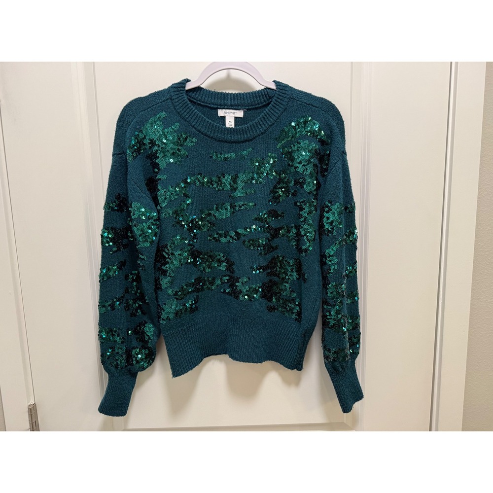 Nine West Teal Green Sequin Camouflage Knit Pullover Sweater Womens XS Crew Neck